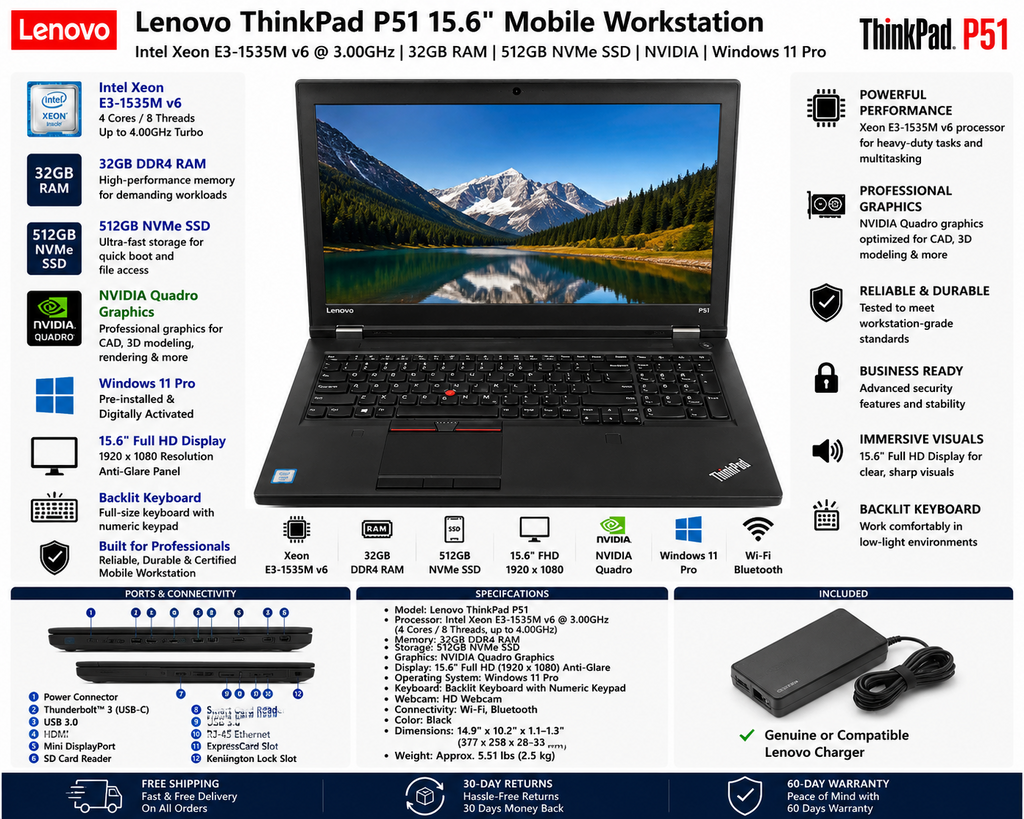 Lenovo ThinkPad P51 Workstation Laptop – Intel Xeon, 16GB RAM, 512GB SSD, Nvidia Quadro M2200 4GB