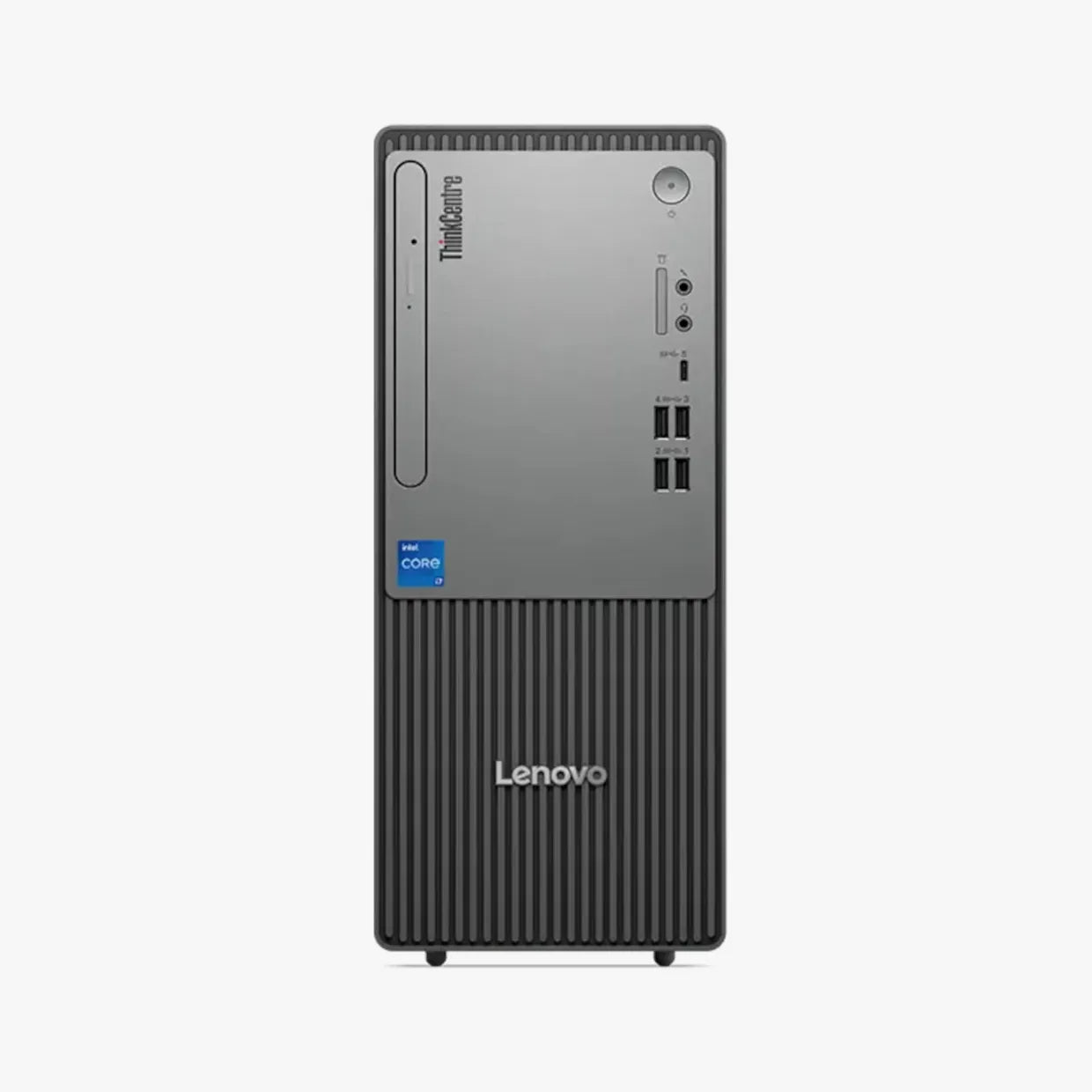 Lenovo Neo 50t G6 desktop tower with Intel U5-225 processor, 8GB DDR5 RAM, and 512GB NVMe SSD, shown from front angle.